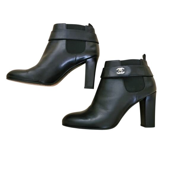 Chanel Interlocking CC Logo Black Leather Turnlock Ankle Boots Heeled 10.5 41 - Picture 3 of 12